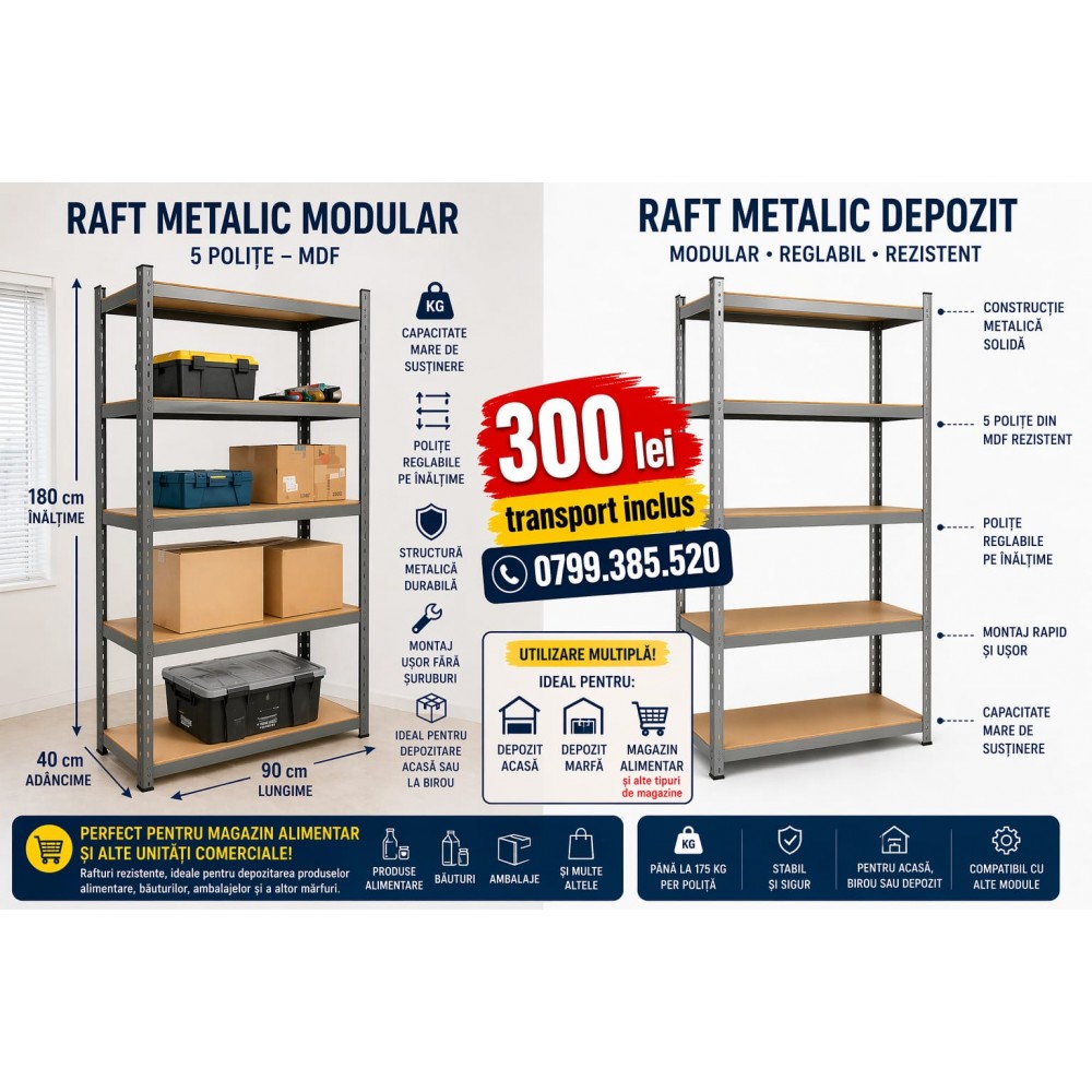 Raft metalic cu 5 polite, cadru otel galvanizat, polita MDF, 175kg/polita