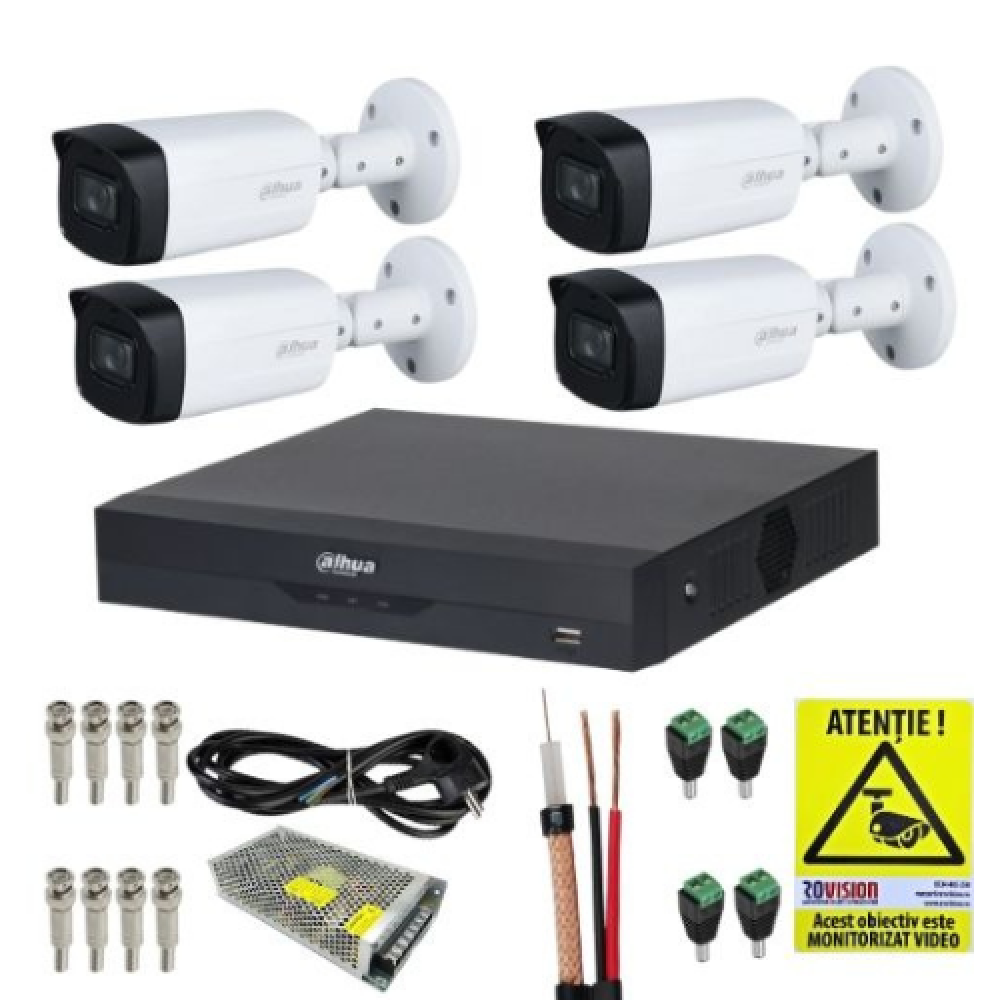 Kit supraveghere Dahua 4 Camere 2MP IR 40m Lentila 2.8mm IP67, DVR 4 Canale 5MP, Accesorii montaj + Autocolant Rovision Kit supraveghere Dahua 4 Camere 2MP IR 40m Lentila 2.8mm IP67, DVR 4 Canale 5MP, Accesorii montaj + Autocolant Rovision